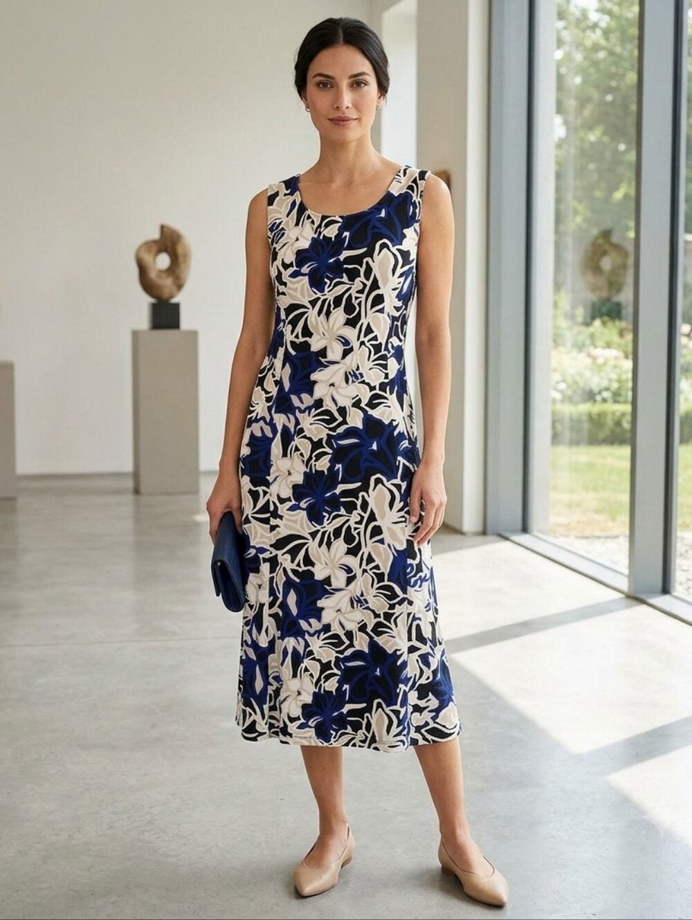 Julian Taylor Navy and Ivory Floral Midi Dress